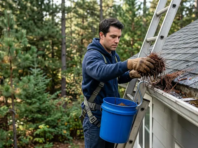 Technician removing clogged pine needles from a gutter in Virginia Beach