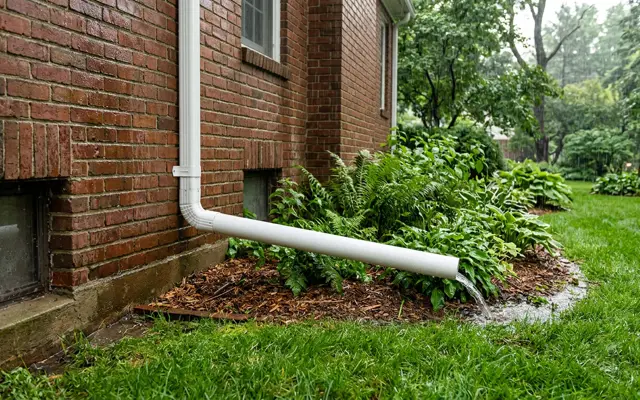 Downspout extension carrying rainwater away from a brick foundation