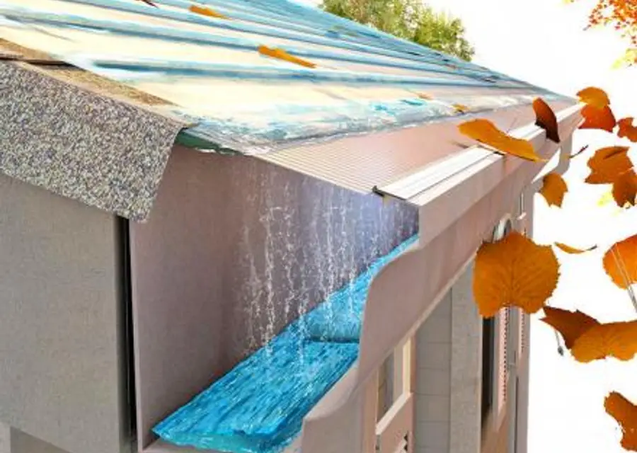 Gutter guard shedding falling leaves while rainwater flows into the gutter