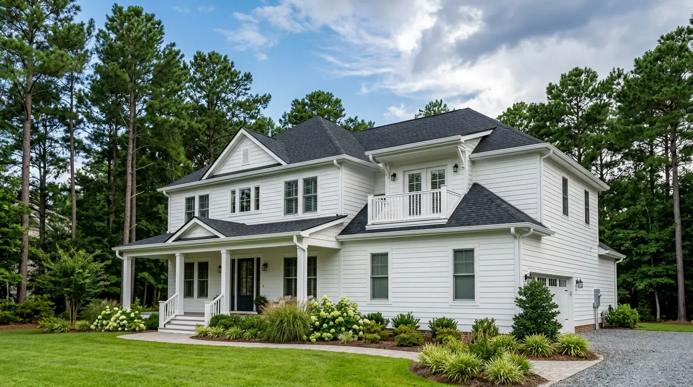 Virginia Beach home with new seamless white gutters and pine trees