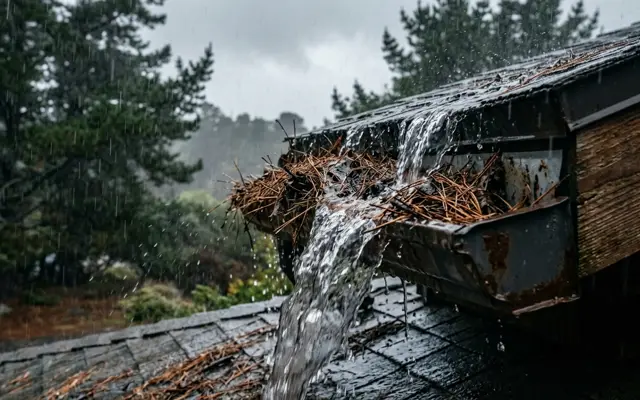 Gutter overflowing with pine needles during a heavy rain storm