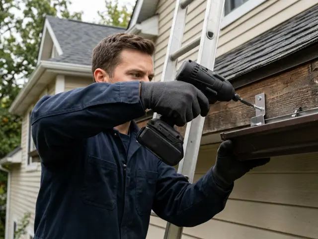 Technician refastening a sagging gutter with hidden hangers