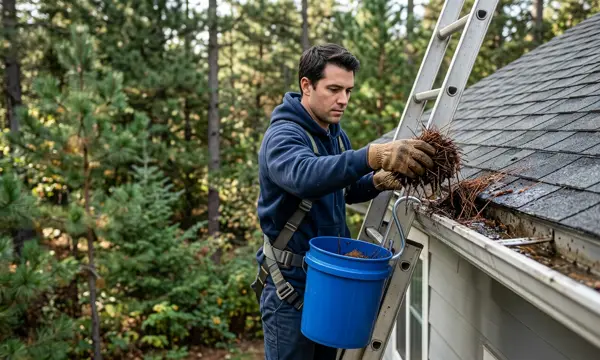 Technician removing clogged pine needles from a gutter in Virginia Beach