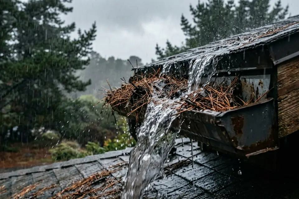 Unprotected gutter overflowing with pine needles in heavy rain