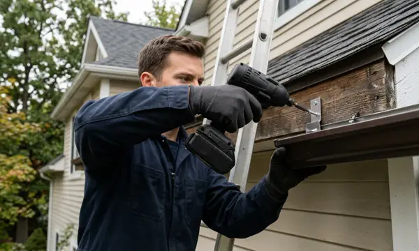 Technician refastening a sagging gutter with hidden hangers