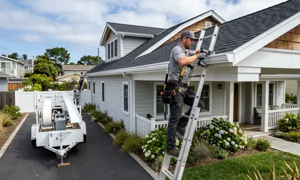 Installer mounting a seamless aluminum gutter on a Virginia Beach home