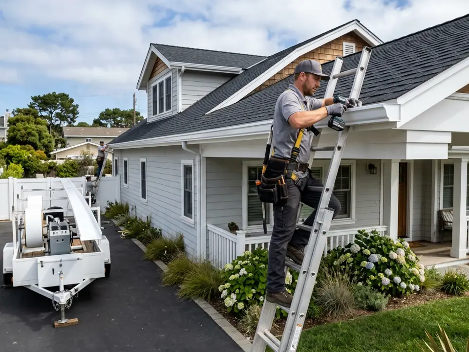 Installer mounting a seamless aluminum gutter on a Virginia Beach home